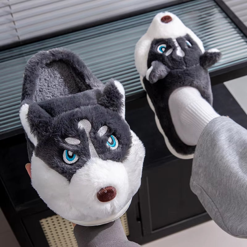 Women Indoor Cotton Slippers Cute Cartoon Dog Winter Warm Shoes Couples Home Floor Slides Anti-Slip Female Male House Footwear