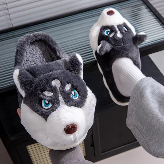 Women Indoor Cotton Slippers Cute Cartoon Dog Winter Warm Shoes Couples Home Floor Slides Anti-Slip Female Male House Footwear