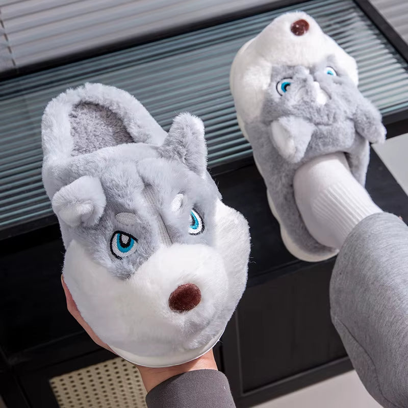 Women Indoor Cotton Slippers Cute Cartoon Dog Winter Warm Shoes Couples Home Floor Slides Anti-Slip Female Male House Footwear